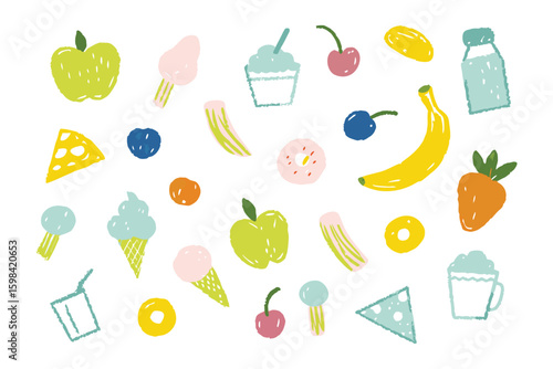 Delicious Food Cartoon: A vibrant, hand-drawn array of delectable foods, showcasing a variety of fruits, sweets, and dairy products. a visual feast for food lovers of all ages.