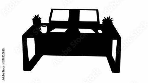A black silhouette of a desk with two monitors, a mug, papers, a mouse, and two plants on it