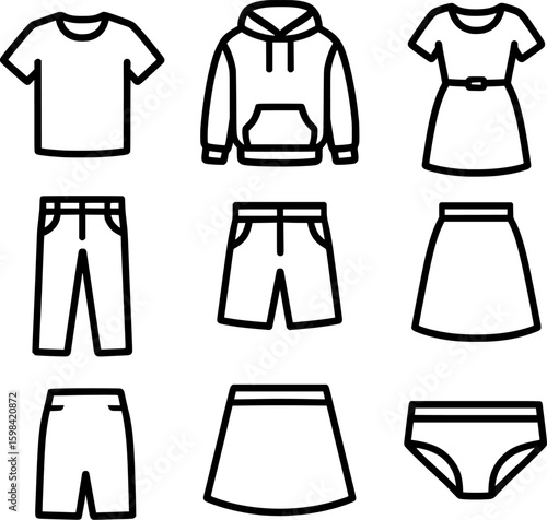 Clothing Icons Set Black Line Style on White Background