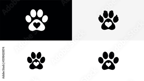 Paw print love pet animal cute black white dog cat heart puppy kitten adoption rescue footprint vector silhouette