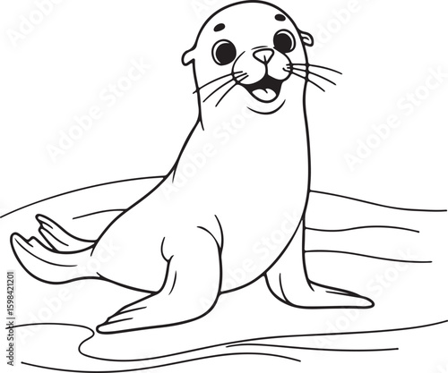 Minimalist black and white line drawing of a happy sea lion sitting on the beach,
