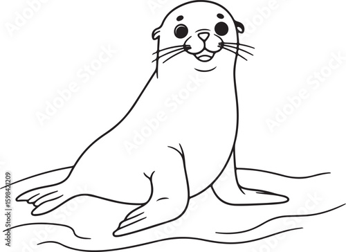 Minimalist black and white line drawing of a happy sea lion sitting on the beach,