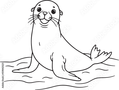Minimalist black and white line drawing of a happy sea lion sitting on the beach,