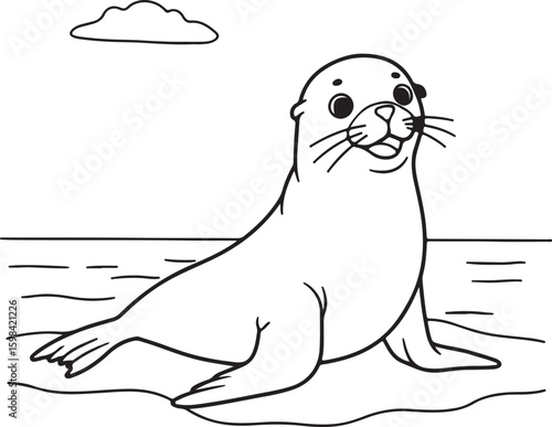 Minimalist black and white line drawing of a happy sea lion sitting on the beach,