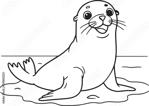 Minimalist black and white line drawing of a happy sea lion sitting on the beach,