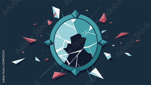 A broken mirror surrounded by shattered glass reflecting the dreamers inner turmoil and selfdoubt.. Vector illustration
