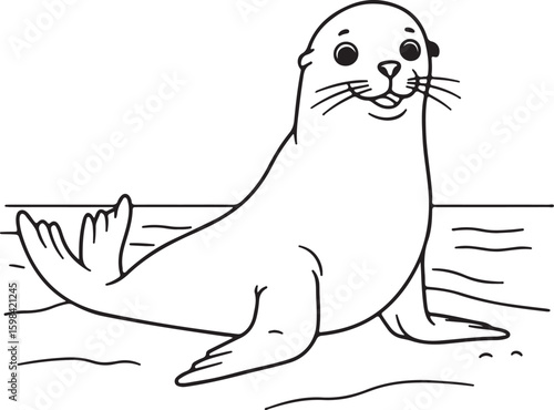 Minimalist black and white line drawing of a happy sea lion sitting on the beach,