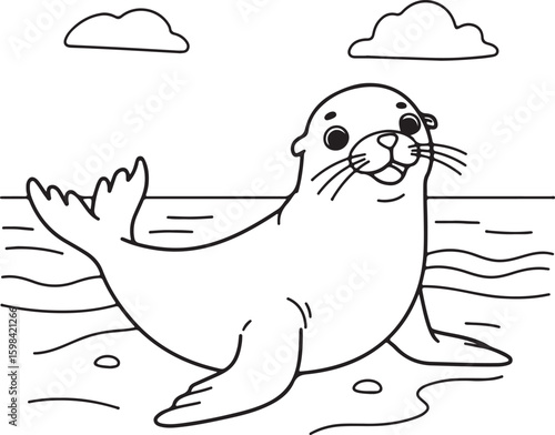 Minimalist black and white line drawing of a happy sea lion sitting on the beach,