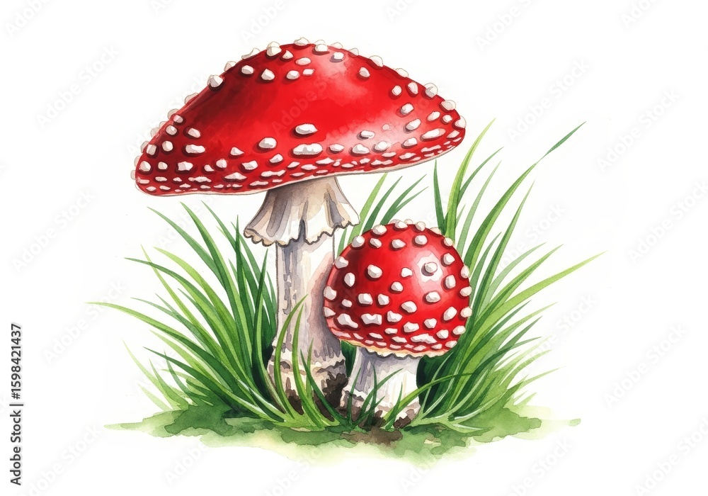 Obraz premium A pair of vibrant red mushrooms with white spots nestled among green grass - This illustration features two vibrant red mushrooms with white spots surrounded by lush green grass, symbolizing nature,