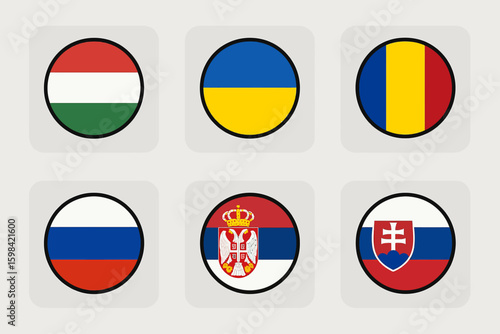 Collection of European national flags displayed as circular icons including Hungary Ukraine Romania Russia Serbia and Slovakia symbolizing international relations travel and global representation Free Download Collection of European national flags displayed as circular icons including Hungary Ukraine Romania Russia Serbia and Slovakia symbolizing international relations travel and global representation - GFXLoad