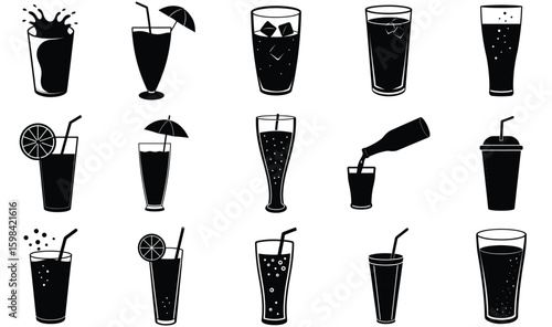 Cold Drinks Glass Vector Set – Refreshing Beverage Silhouettes Including Soda, Juice, and Iced Drink Clipart for Summer Designs

