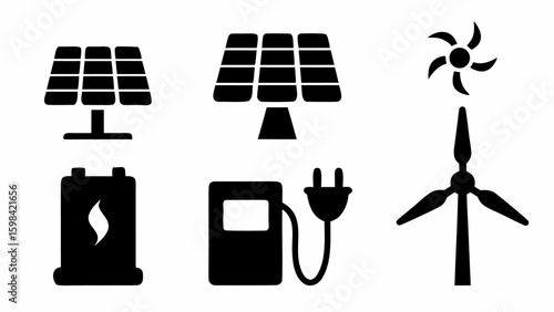 Illustration of solar panels battery electric charger and wind turbine representing renewable energy sources