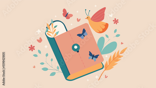 Adorned with handpainted butterflies and delicate florals a small lock on a journal symbolizes the freedom and beauty found within ones own thoughts. Vector illustration