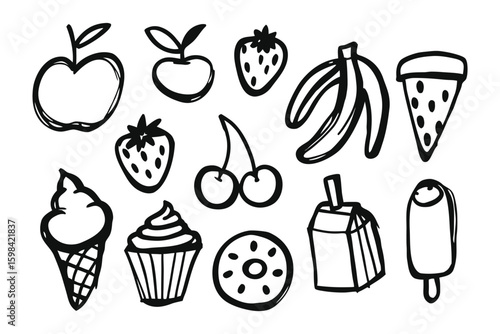 Delicious Delights: A simple line drawing showcasing a delightful assortment of fruity favorites and sweet treats, perfect for adding a touch of whimsy.
