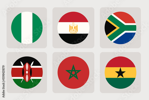Free Download Collection of circular national flags from various African countries including Nigeria, Egypt, South Africa, Kenya, Morocco, and Ghana, presented in a clean grid layout for diverse design applications - GFXLoad