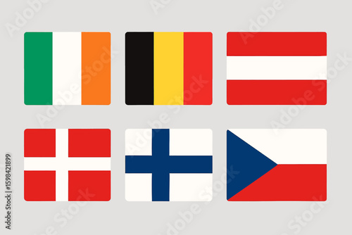 Collection of European National Flags Including Ireland Belgium Austria Denmark Finland and Czech Republic Representing National Identity and Cultural Diversity