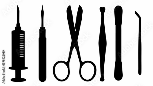 Silhouette illustration of medical instruments including syringe scissors and other tools