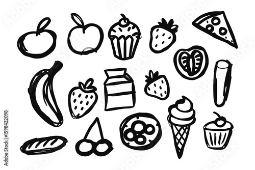 Delicious Food Doodles: A whimsical collection of hand-drawn food illustrations, perfect for culinary projects. Capturing the essence of delicious and vibrant ingredients 
