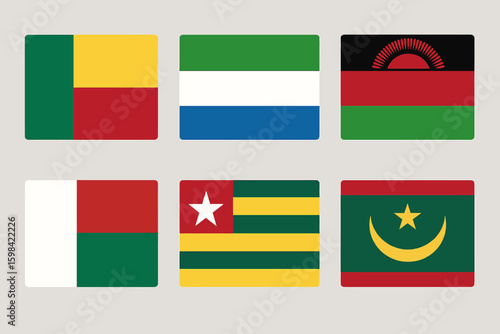 Collection of Six Distinct African National Flags Showcasing Diverse Colors Patterns and National Symbols Representing Various Countries