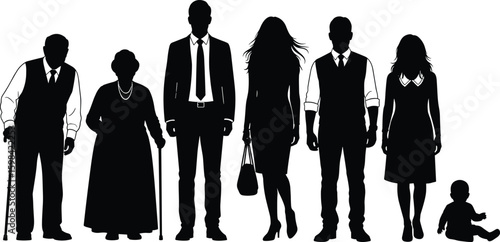 Silhouettes of family generations walking, elderly to baby, symbolizing life stages, inclusion, care, business attire, diversity, unity, support