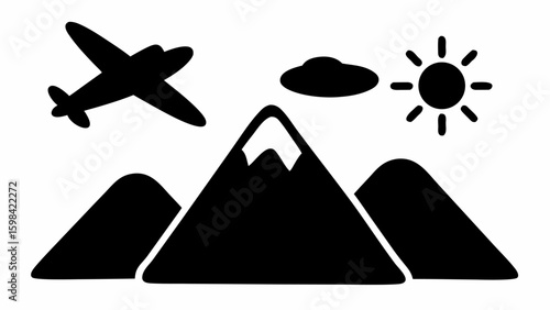 Silhouette of a plane flying over mountains with a cloud and sun in the background design
