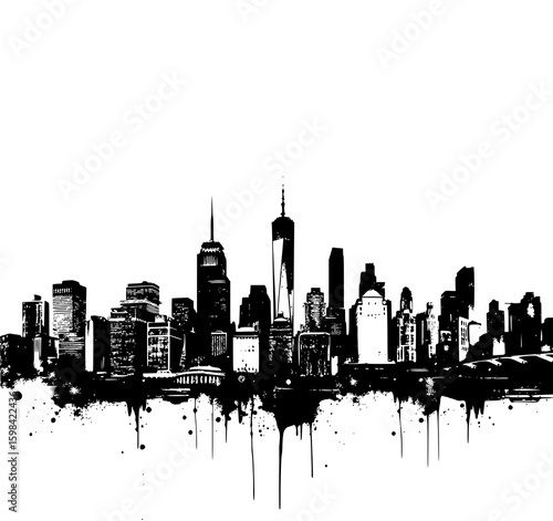 NYC Skyline Ink Splatter: A dramatic black and white illustration of the New York City skyline, featuring iconic buildings and a bold ink splatter effect.