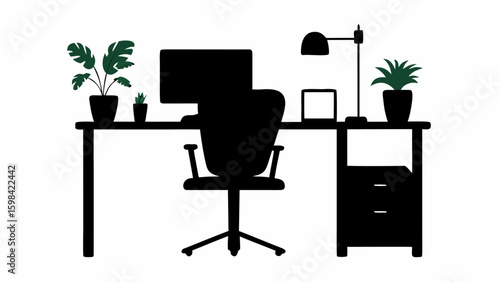 Silhouette of a desk with computer chair plants lamp and laptop creating a modern office workspace look