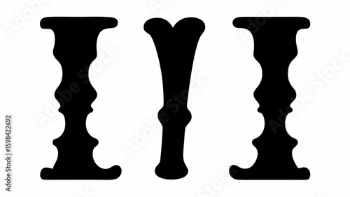 Optical illusion featuring three black figures resembling vases or facing human profiles in silhouette