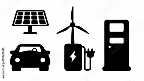 Illustration of renewable energy sources with solar panel wind turbine and electric car charging station