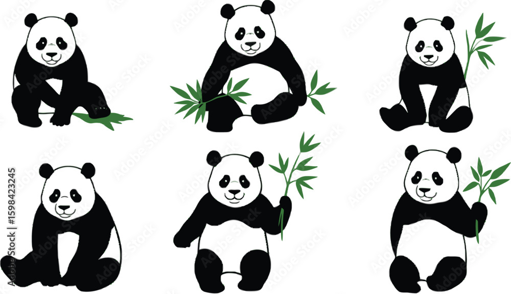Obraz premium Vector art of charming panda bear illustrations isolated on white background, some holding bamboo leaves