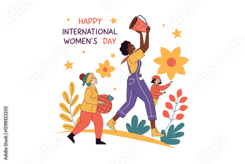 Happy international womens day illustration featuring diverse women celebrating with colorful flowers and baskets isolated on white background silhouette