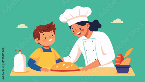 A chef helping a student knead dough for homemade bread showing them how to put love and intention into each roll.. Vector illustration