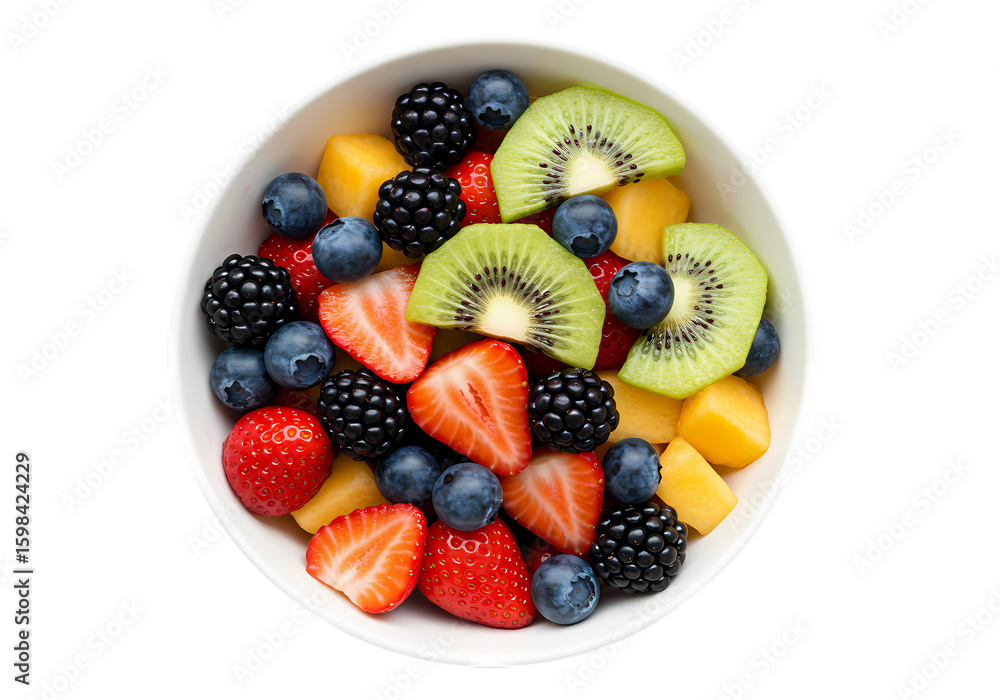 Obraz premium Vibrant Fruit Salad in a Bowl A Colorful Mix of Strawberries Blueberries Blackberries Kiwi and Mango