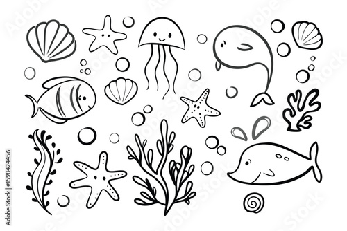Ocean Doodle: a playful illustration of sea creatures, shells, and aquatic plants, offering a whimsical look into the underwater world.
