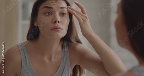 Young woman examining wrinkles on her face in the mirror