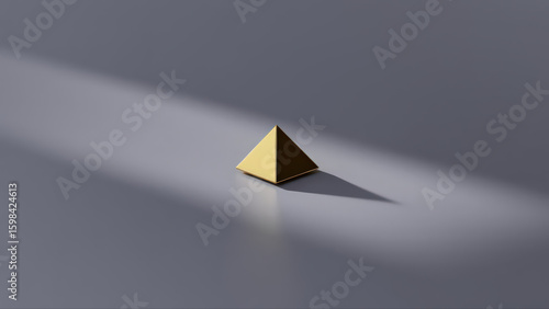 Golden Pyramid with Long Shadow on Grey Surface – 3D Object Minimalism