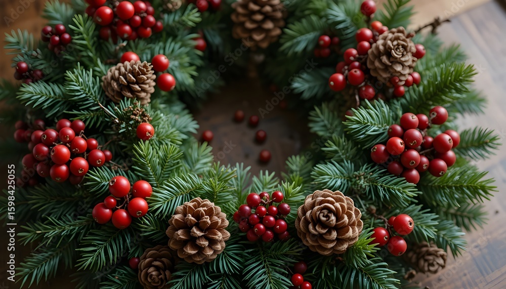 Fototapeta premium Detailed Christmas Wreath with Red Berries and Pinecones