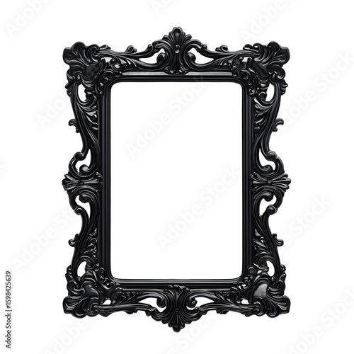 Ornate black victorian picture frame with intricate carvings isolated on transparent background