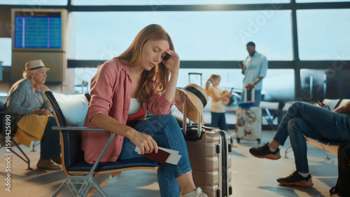 Stressed tourist woman waiting for a delayed flight in airport lounge
