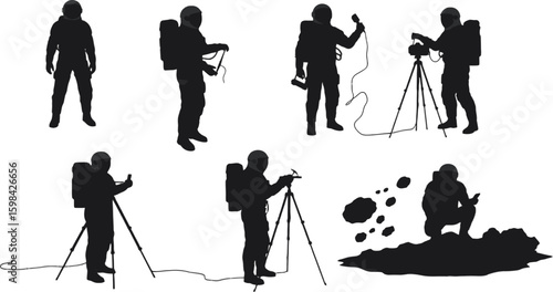 Vector art of astronaut silhouettes are captured in various activities isolated on white background