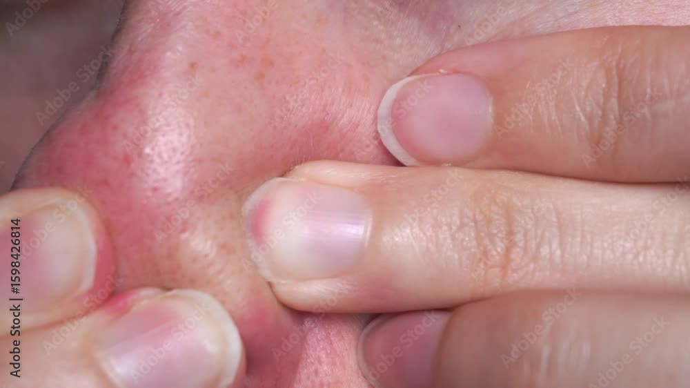 Close-up of blackhead removal on nose. Realistic skincare and dermatology process captured in high resolution. Useful for cosmetic and health industry footage. Close-up of blackhead removal on nose. Realistic skincare and dermatology process captured in high resolution. Useful for cosmetic and health industry footage.