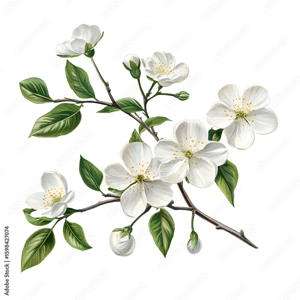 Fototapeta premium Delicate white blossoms and green leaves on a flowering branch isolated on transparent background