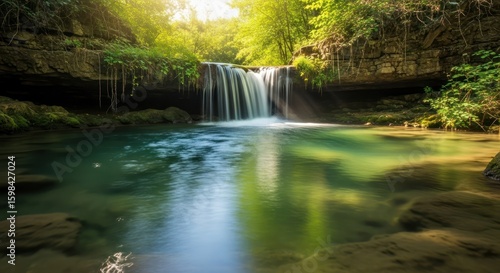Tranquil waterfall cascading into a crystal-clear pool nestled within lush, green forest.
