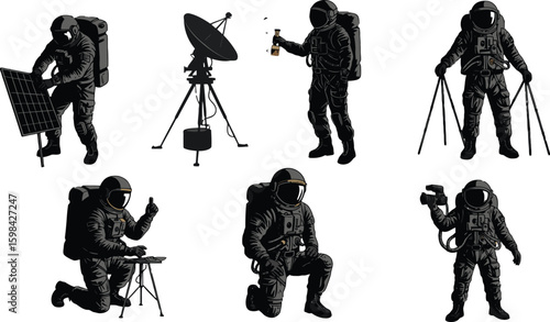 Vector art of astronauts are shown performing tasks with equipment isolated on white background