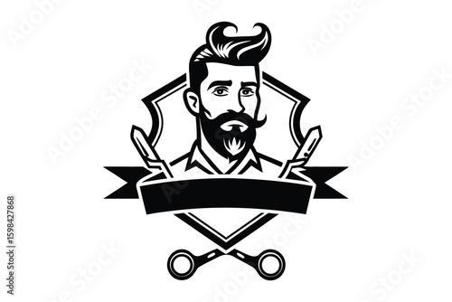 Vintage barber shop emblem featuring a bearded man with styled hair and scissors isolated on white background silhouette