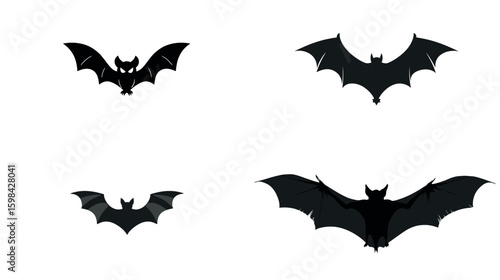 Four bats silhouettes flying halloween bat, illustration creepy night animal black bat silhouette.