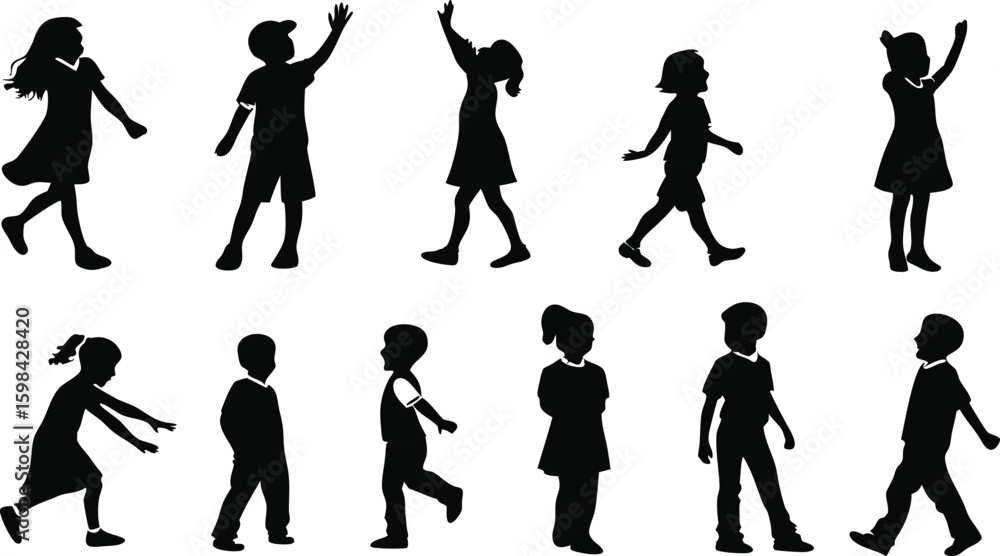 Fototapeta premium Group of twelve children silhouettes in various ages and poses