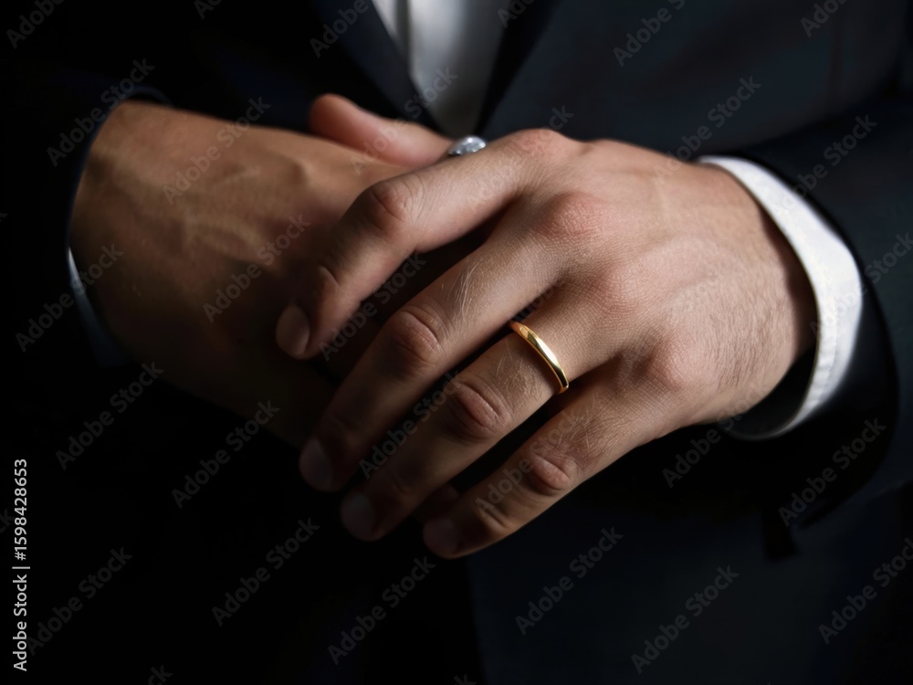 Obraz premium Man s hands wearing a gold wedding ring