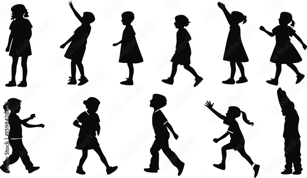 Fototapeta premium Diverse group of twelve children silhouettes aged four to eight in various poses