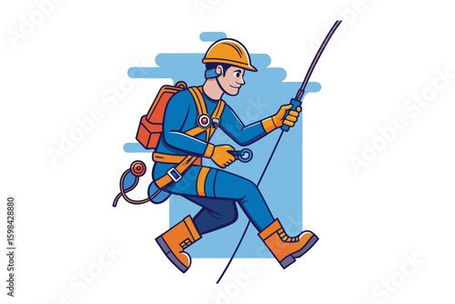 Skilled worker in safety harness and helmet rappelling down with rope and equipment isolated on white background silhouette
